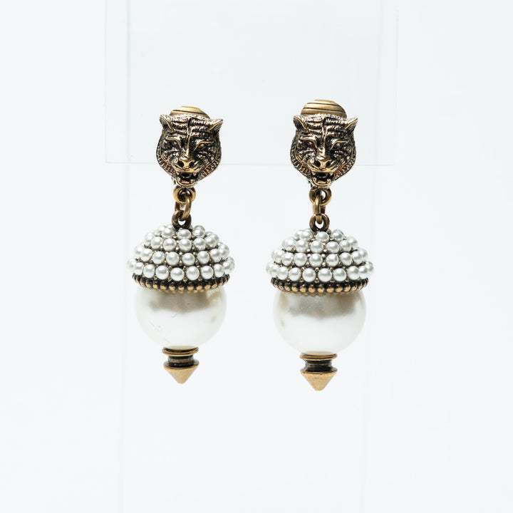 Gucci Aged Gold Tone Feline Head Earrings with Crystal Stud