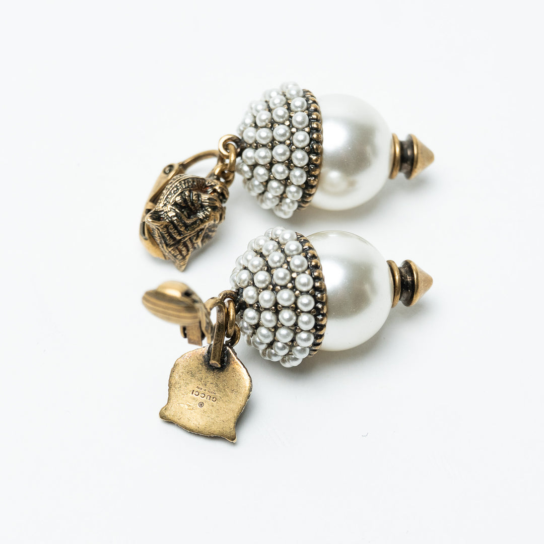 Gucci Aged Gold Tone Feline Head Earrings with Crystal Stud