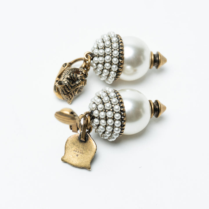 Gucci Aged Gold Tone Feline Head Earrings with Crystal Stud