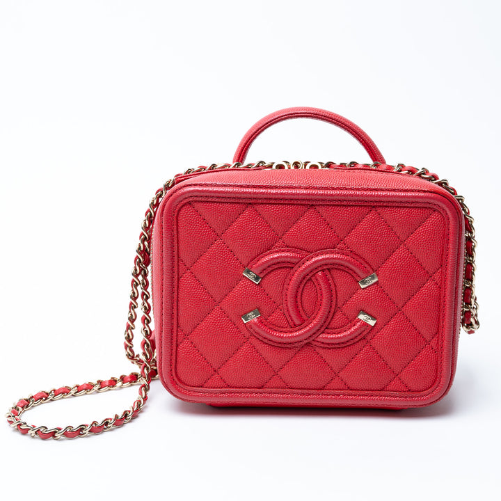 Pre-Loved Chanel™ Red Caviar Leather Small Filigree Vanity Case