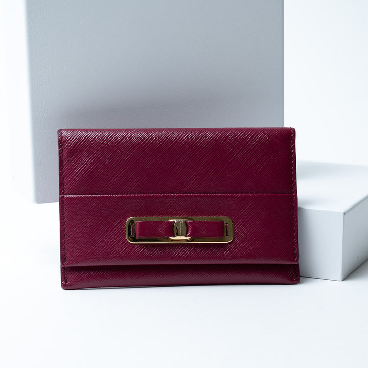 Ferragamo Burgundy Grained Calfskin Leather Gancini Card Holder