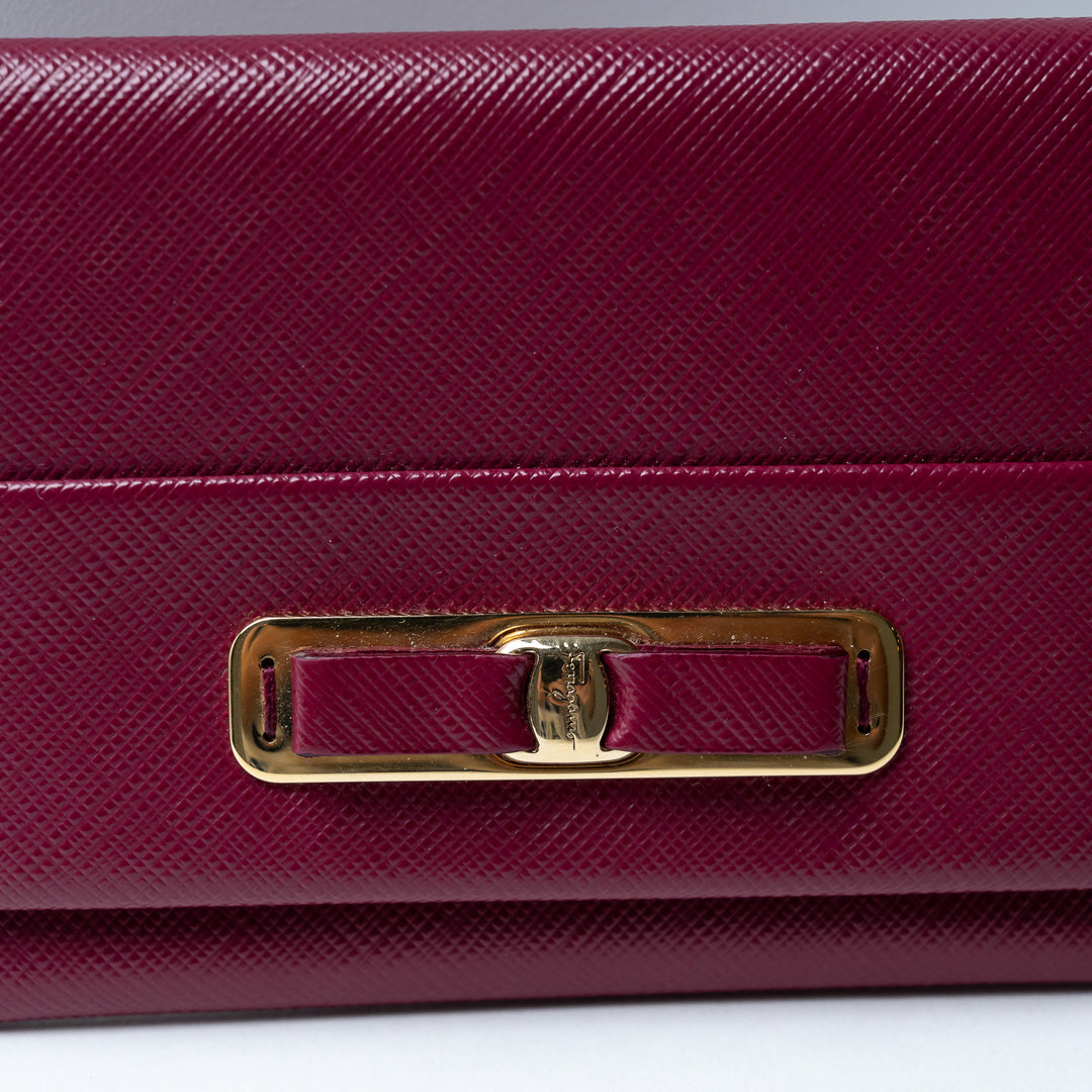 Ferragamo Burgundy Grained Calfskin Leather Gancini Card Holder