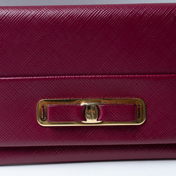 Ferragamo Burgundy Grained Calfskin Leather Gancini Card Holder