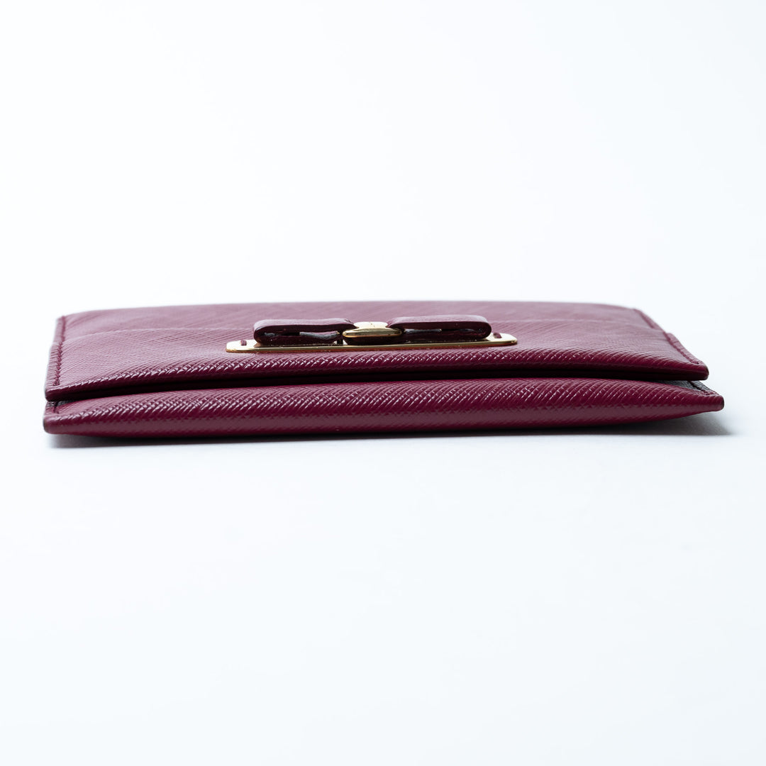 Ferragamo Burgundy Grained Calfskin Leather Gancini Card Holder