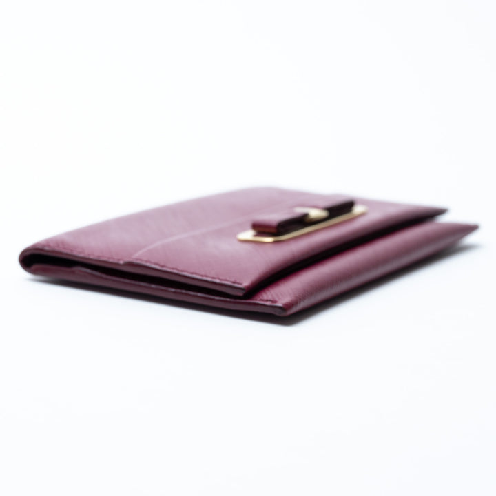 Ferragamo Burgundy Grained Calfskin Leather Gancini Card Holder