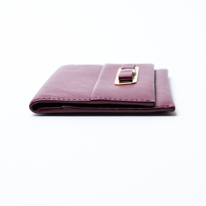 Ferragamo Burgundy Grained Calfskin Leather Gancini Card Holder