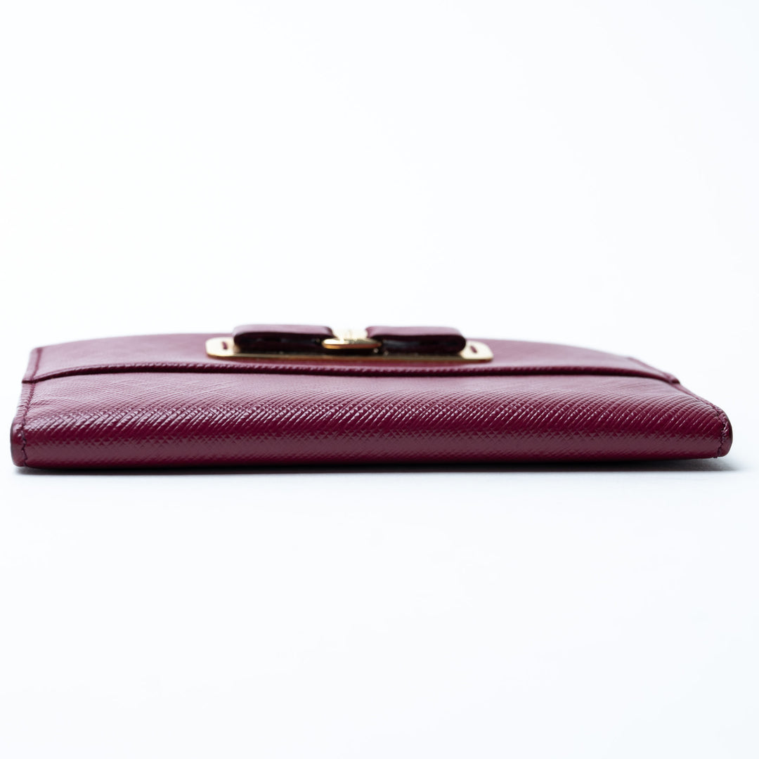 Ferragamo Burgundy Grained Calfskin Leather Gancini Card Holder