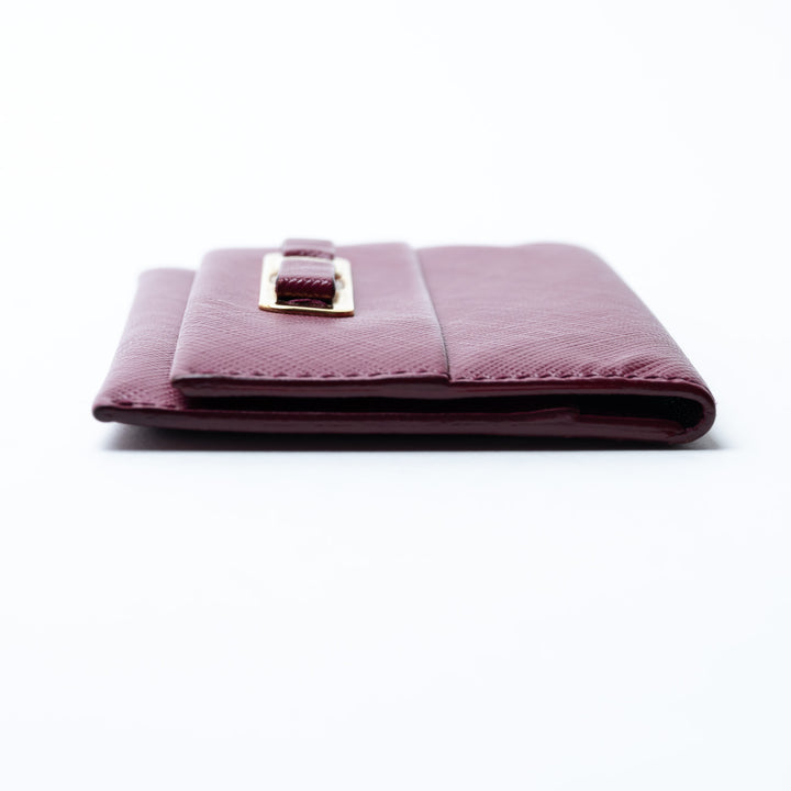 Ferragamo Burgundy Grained Calfskin Leather Gancini Card Holder