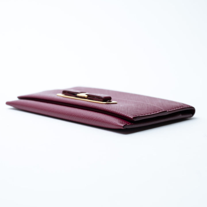 Ferragamo Burgundy Grained Calfskin Leather Gancini Card Holder