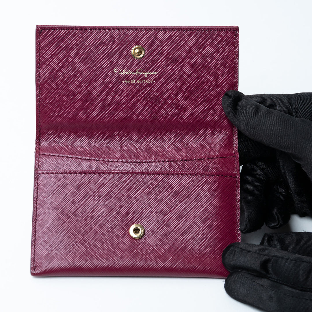 Ferragamo Burgundy Grained Calfskin Leather Gancini Card Holder
