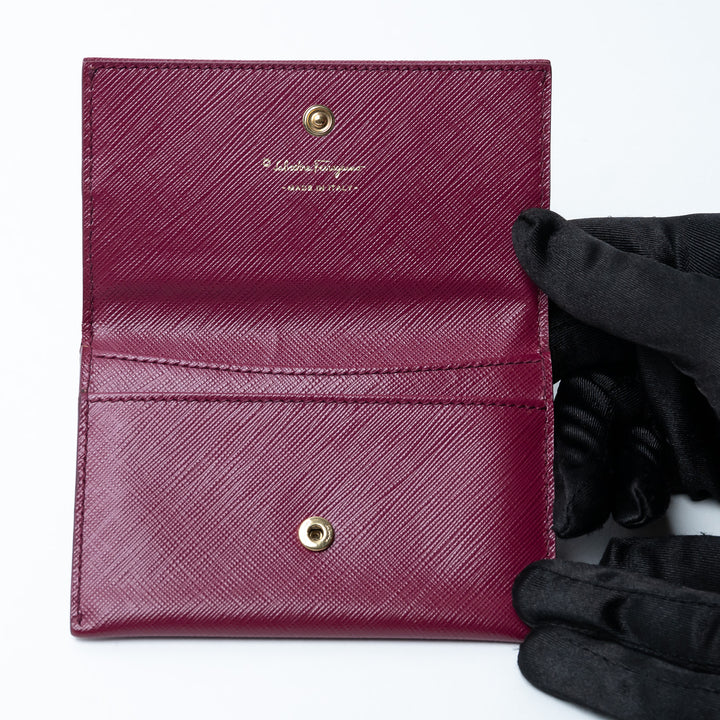 Ferragamo Burgundy Grained Calfskin Leather Gancini Card Holder