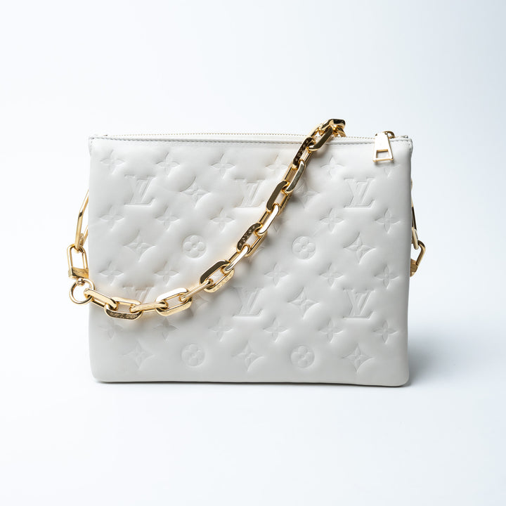 Louis Vuitton Soft White Monogram Embossed Lambskin Leather Coussin PM Bag