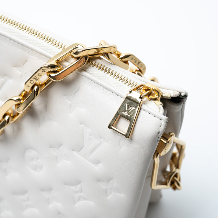 Louis Vuitton Soft White Monogram Embossed Lambskin Leather Coussin PM Bag