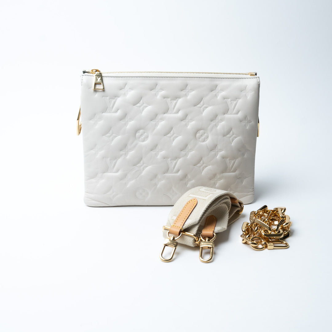 Louis Vuitton Soft White Monogram Embossed Lambskin Leather Coussin PM Bag