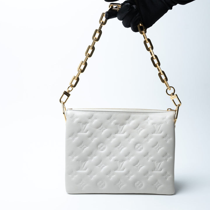 Louis Vuitton Soft White Monogram Embossed Lambskin Leather Coussin PM Bag