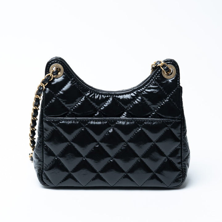 Pre-Loved Chanel™ Black Shiny Aged Calfskin Leather Small Wave Hobo Bag