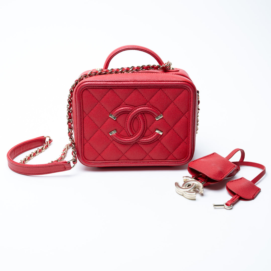Pre-Loved Chanel™ Red Caviar Leather Small Filigree Vanity Case