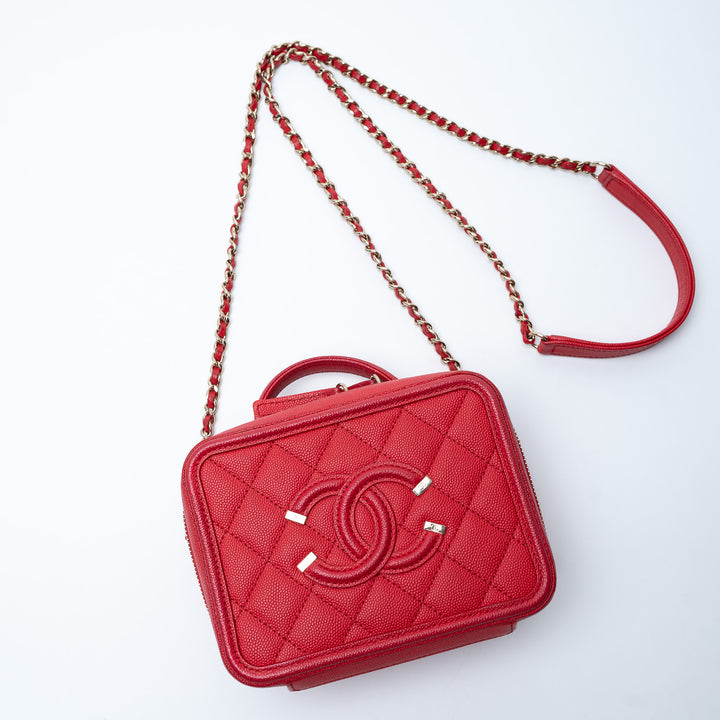 Pre-Loved Chanel™ Red Caviar Leather Small Filigree Vanity Case
