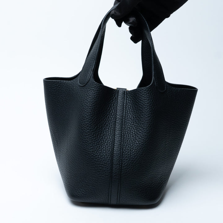 Hermes Black Clemence Leather Picotin 18 with Gold Hardware
