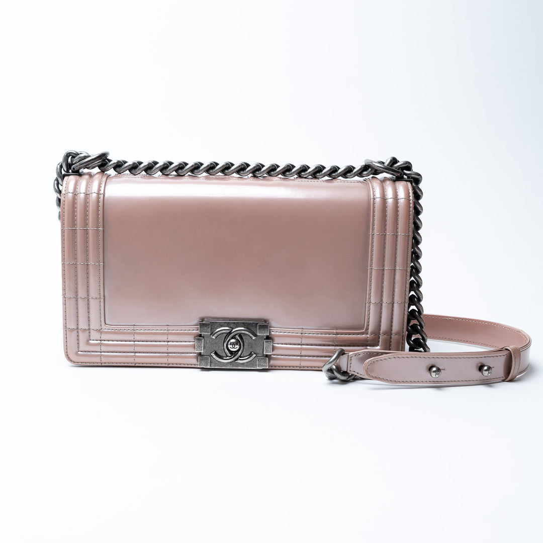 Pre-Loved Chanel™ Metallic Blush Pink Patent Leather Medium Boy Bag