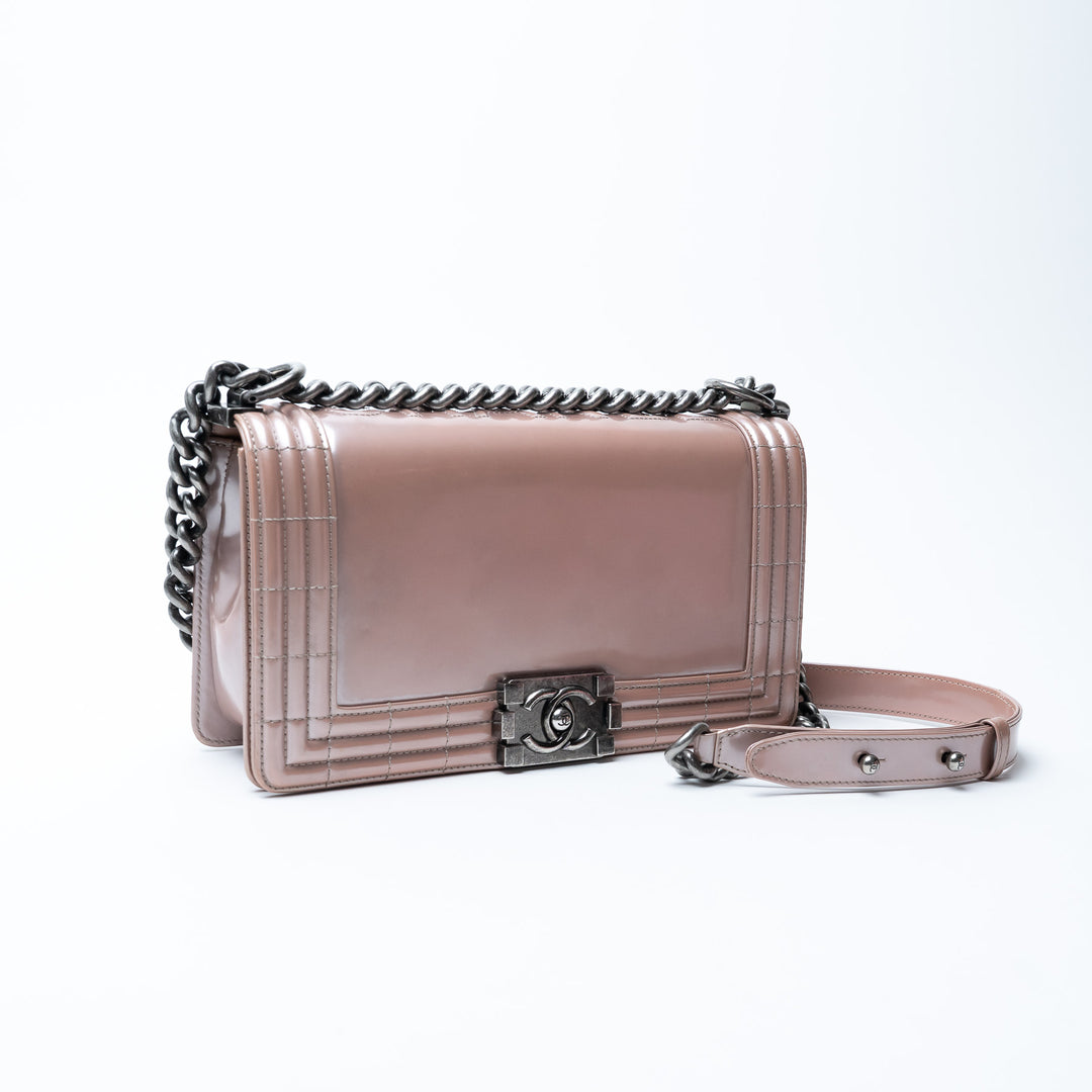 Pre-Loved Chanel™ Metallic Blush Pink Patent Leather Medium Boy Bag