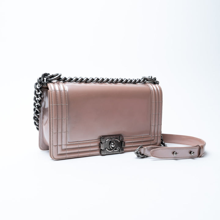 Pre-Loved Chanel™ Metallic Blush Pink Patent Leather Medium Boy Bag