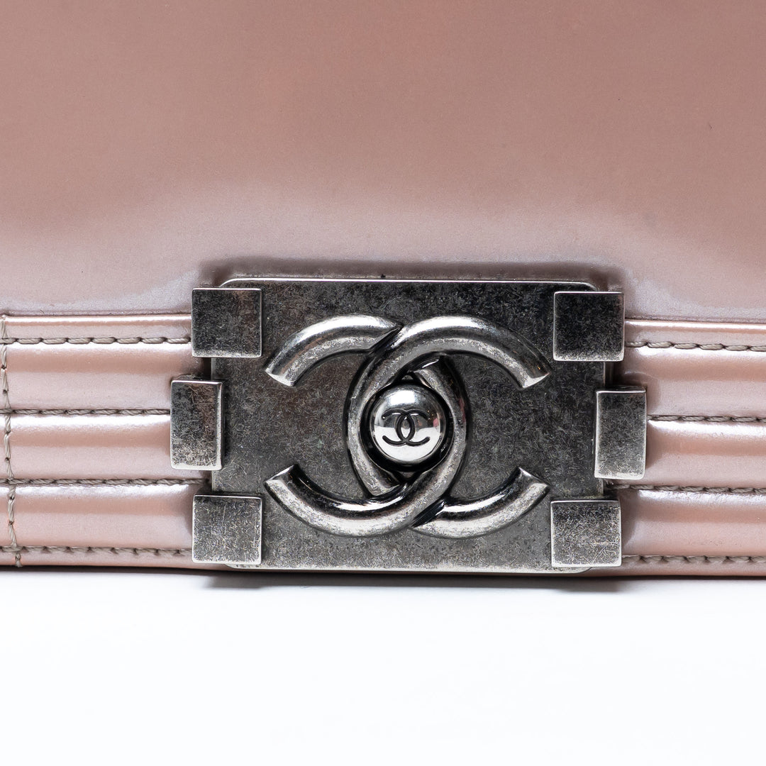 Pre-Loved Chanel™ Metallic Blush Pink Patent Leather Medium Boy Bag