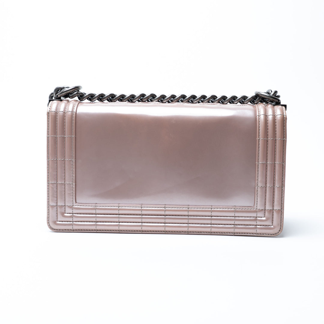 Pre-Loved Chanel™ Metallic Blush Pink Patent Leather Medium Boy Bag