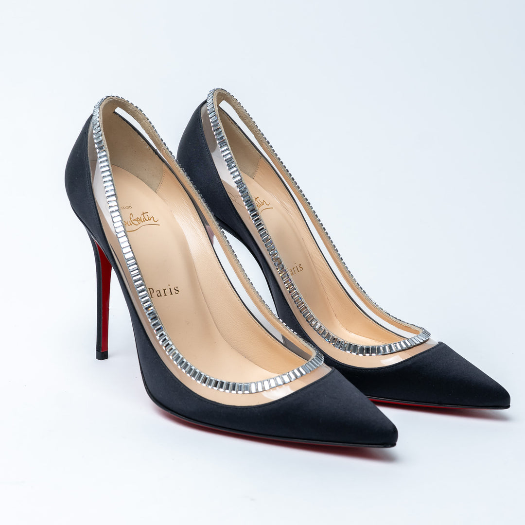 Louboutin Black Satin Pointed Toe Pumps With PVC and Baguette Cut Crystals Size 37