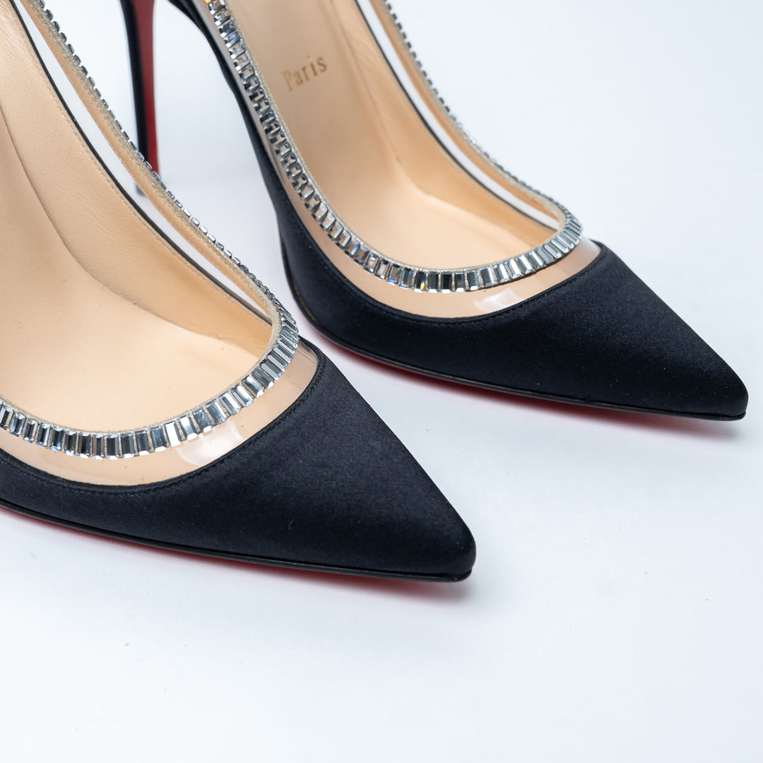 Louboutin Black Satin Pointed Toe Pumps With PVC and Baguette Cut Crystals Size 37