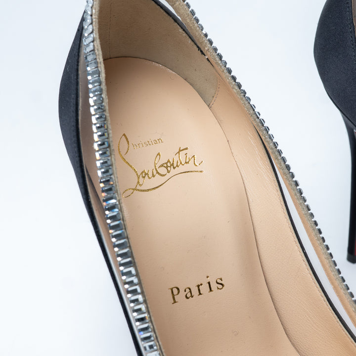 Louboutin Black Satin Pointed Toe Pumps With PVC and Baguette Cut Crystals Size 37
