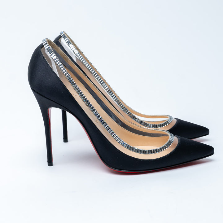 Louboutin Black Satin Pointed Toe Pumps With PVC and Baguette Cut Crystals Size 37