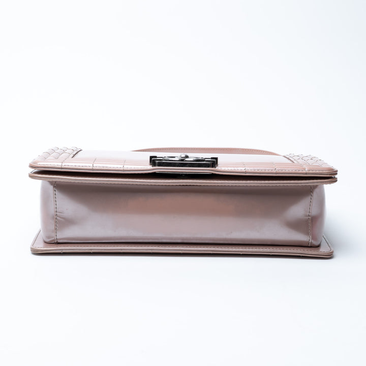 Pre-Loved Chanel™ Metallic Blush Pink Patent Leather Medium Boy Bag