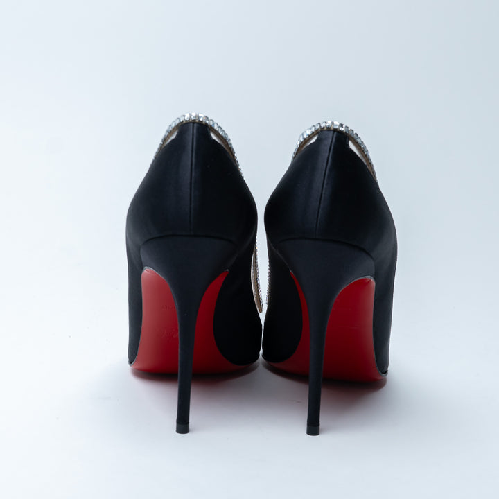 Louboutin Black Satin Pointed Toe Pumps With PVC and Baguette Cut Crystals Size 37