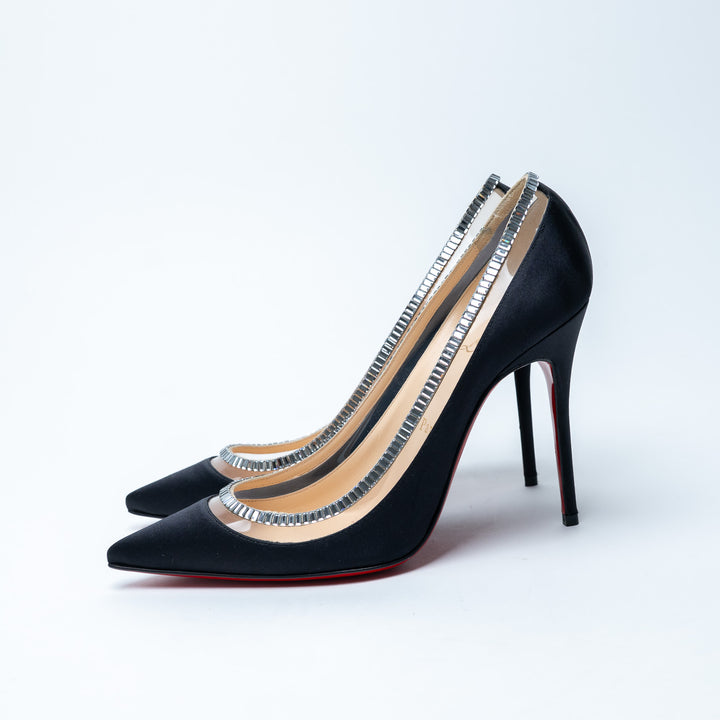 Louboutin Black Satin Pointed Toe Pumps With PVC and Baguette Cut Crystals Size 37