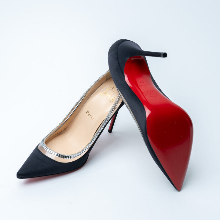 Louboutin Black Satin Pointed Toe Pumps With PVC and Baguette Cut Crystals Size 37