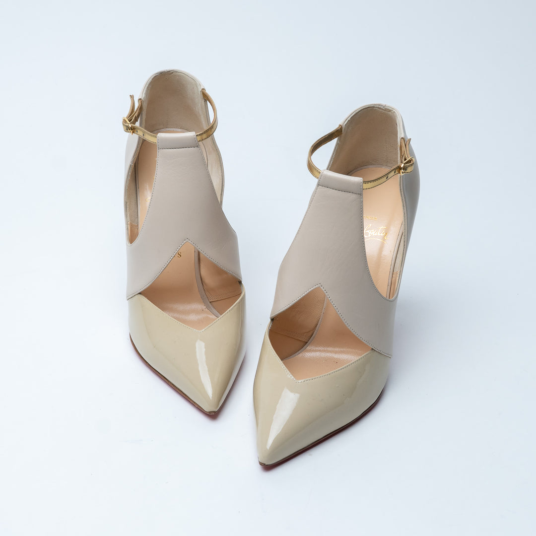 Louboutin Beige Smooth and Patent Leather Dictata Pumps Size 37