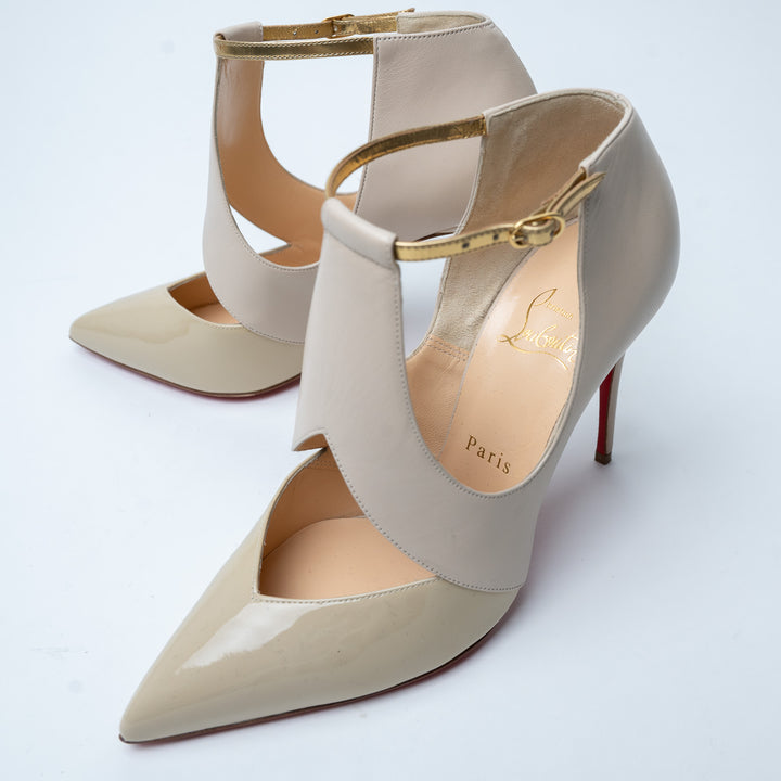 Louboutin Beige Smooth and Patent Leather Dictata Pumps Size 37