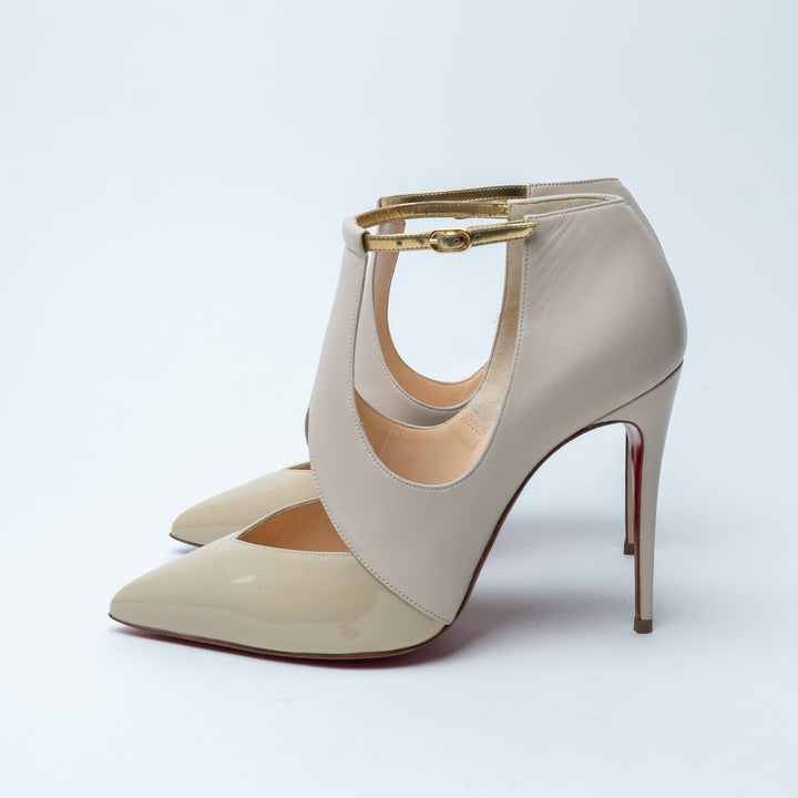 Louboutin Beige Smooth and Patent Leather Dictata Pumps Size 37