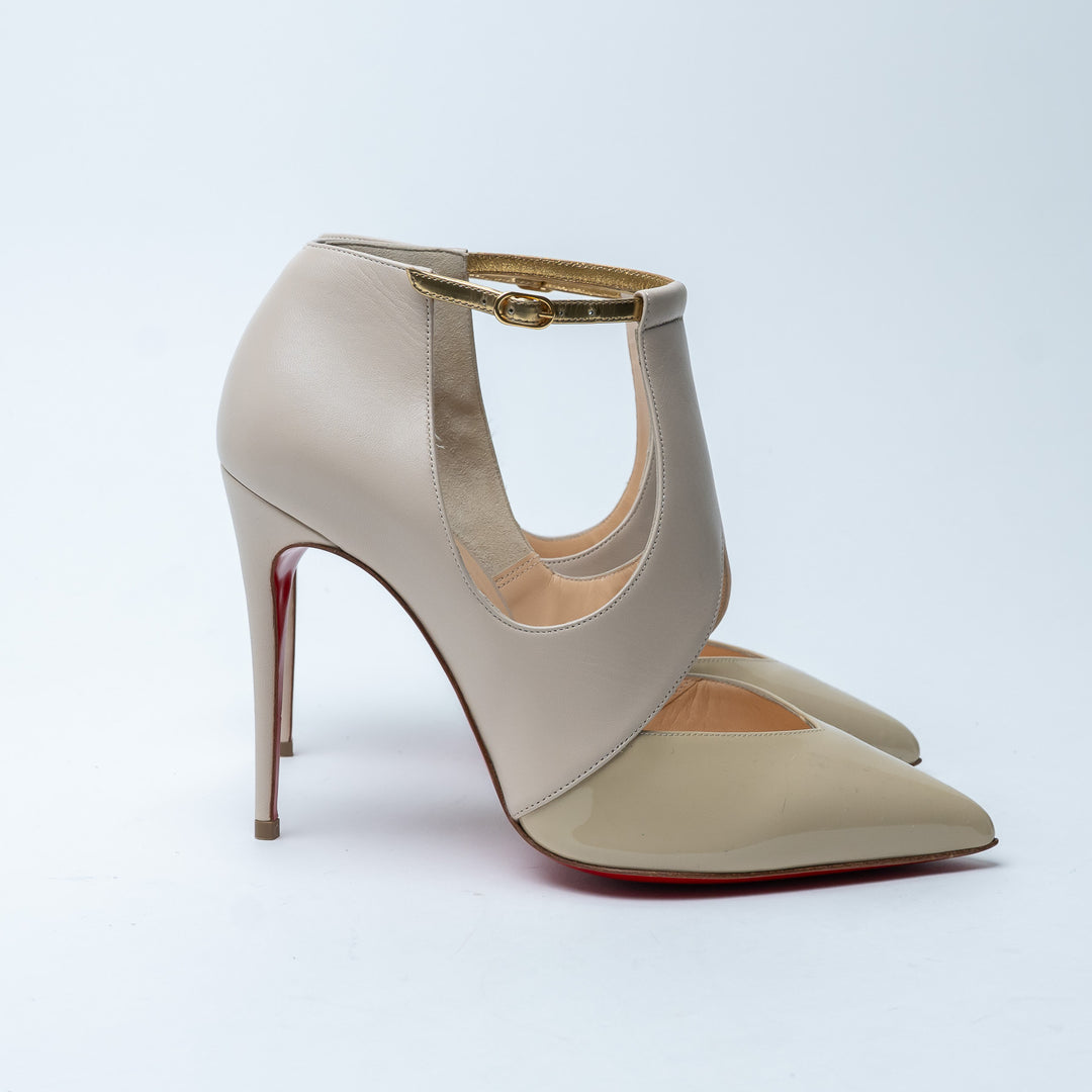 Louboutin Beige Smooth and Patent Leather Dictata Pumps Size 37