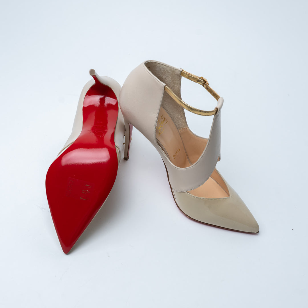 Louboutin Beige Smooth and Patent Leather Dictata Pumps Size 37