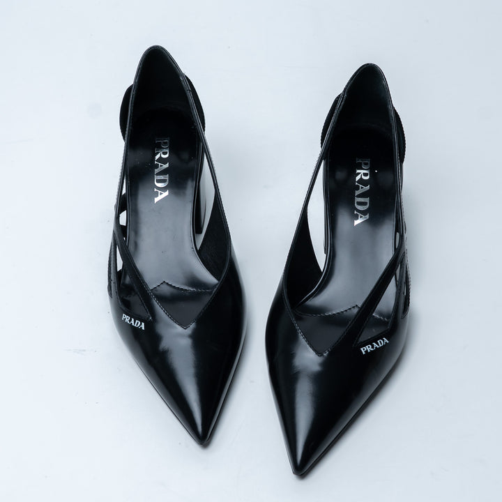 Prada Black Leather Cut-Out Block Heel Pointed-Toe Pumps Size 36