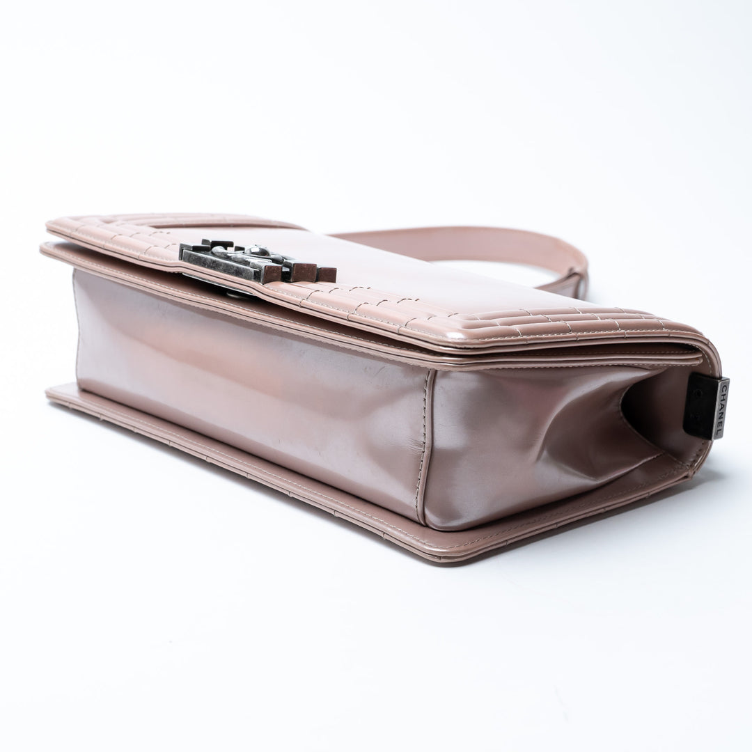 Pre-Loved Chanel™ Metallic Blush Pink Patent Leather Medium Boy Bag