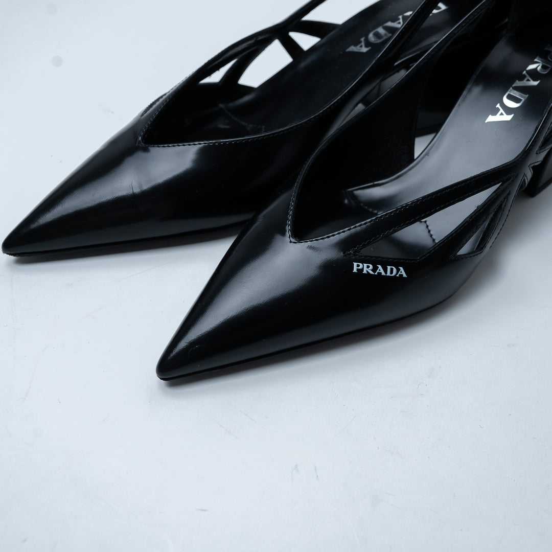 Prada Black Leather Cut-Out Block Heel Pointed-Toe Pumps Size 36
