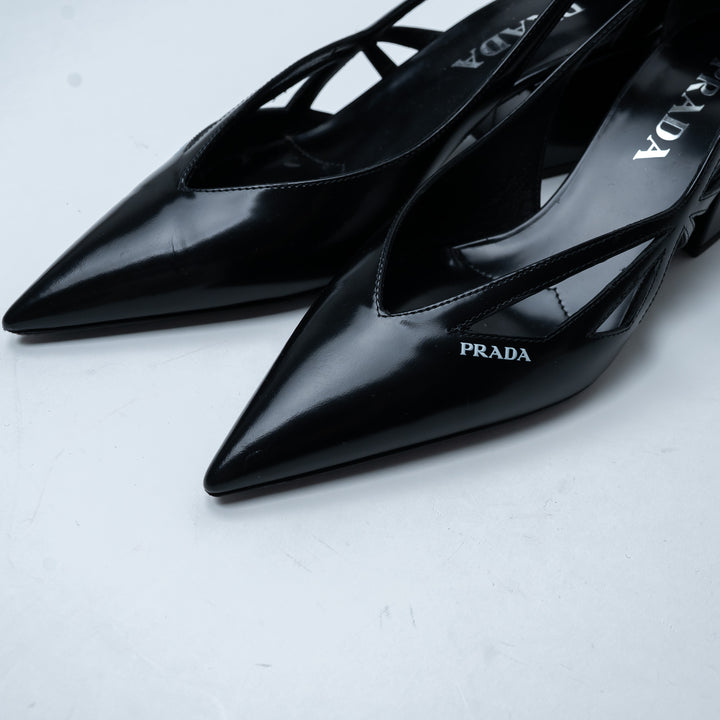 Prada Black Leather Cut-Out Block Heel Pointed-Toe Pumps Size 36