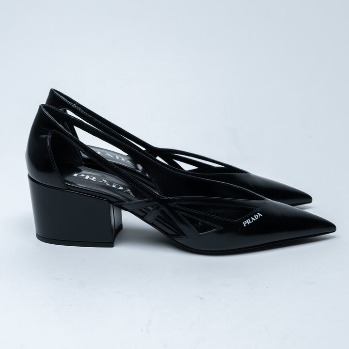 Prada Black Leather Cut-Out Block Heel Pointed-Toe Pumps Size 36