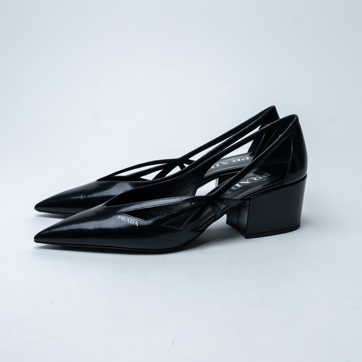 Prada Black Leather Cut-Out Block Heel Pointed-Toe Pumps Size 36