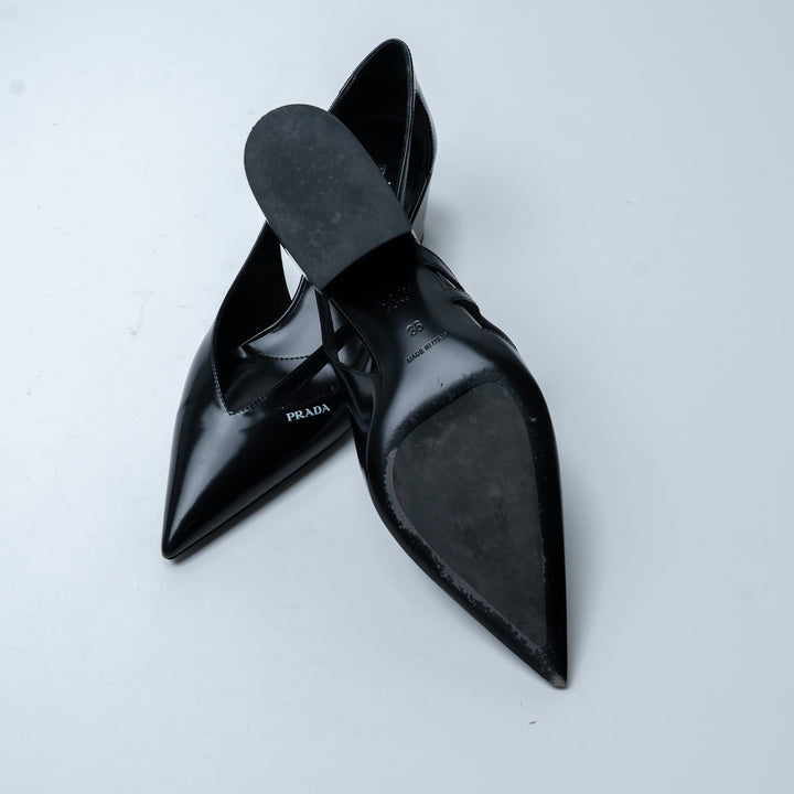 Prada Black Leather Cut-Out Block Heel Pointed-Toe Pumps Size 36