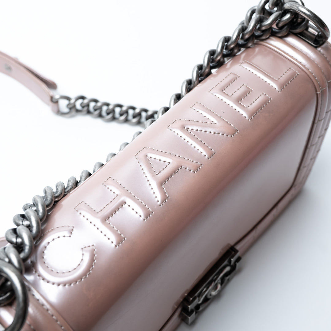 Pre-Loved Chanel™ Metallic Blush Pink Patent Leather Medium Boy Bag