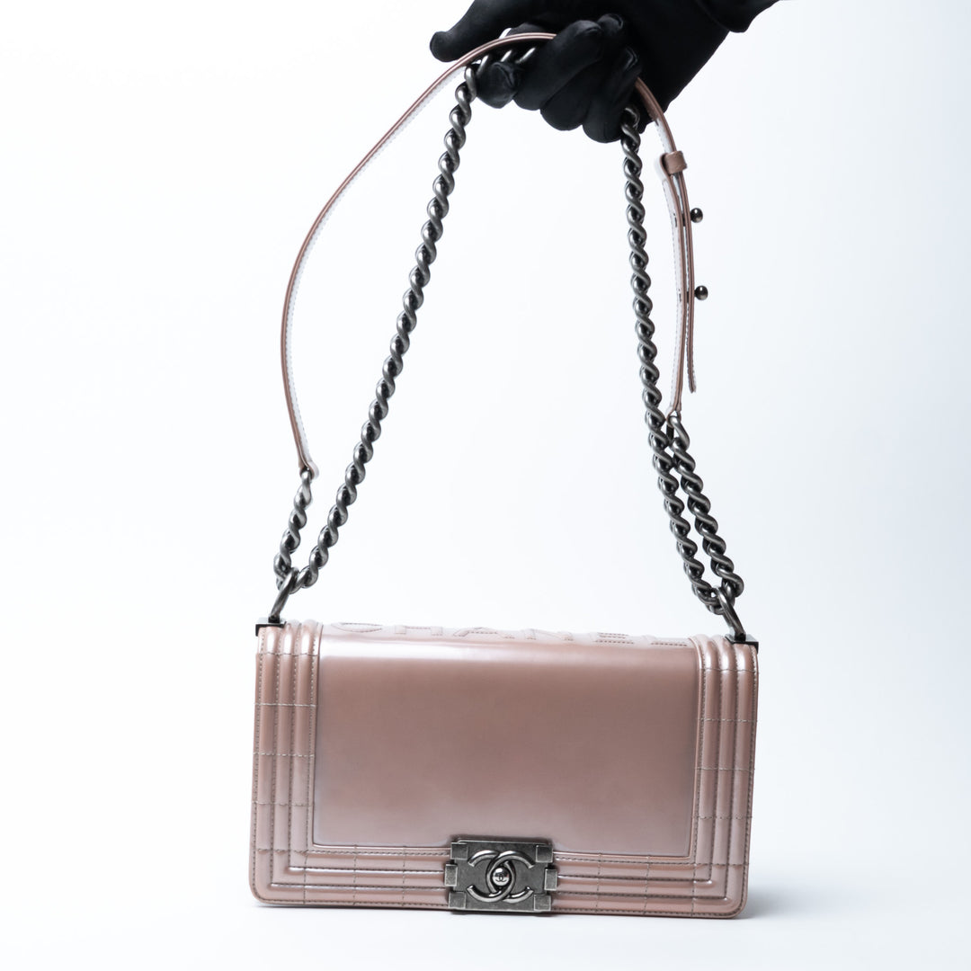 Pre-Loved Chanel™ Metallic Blush Pink Patent Leather Medium Boy Bag